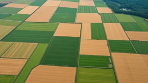 Aerial view of agricultural fields showing distinct rectangular monoculture crop patterns in green and brown tones, with clear forest boundary lines visible, photorealistic landscape photography