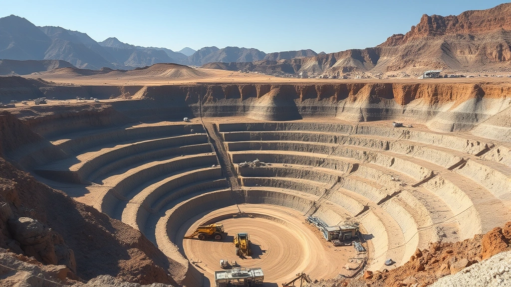 Industrial mining operation showing excavated terraces in exposed rock, heavy machinery, and disturbed earth landscape with no vegetation, dramatic geological formations, photorealistic daylight