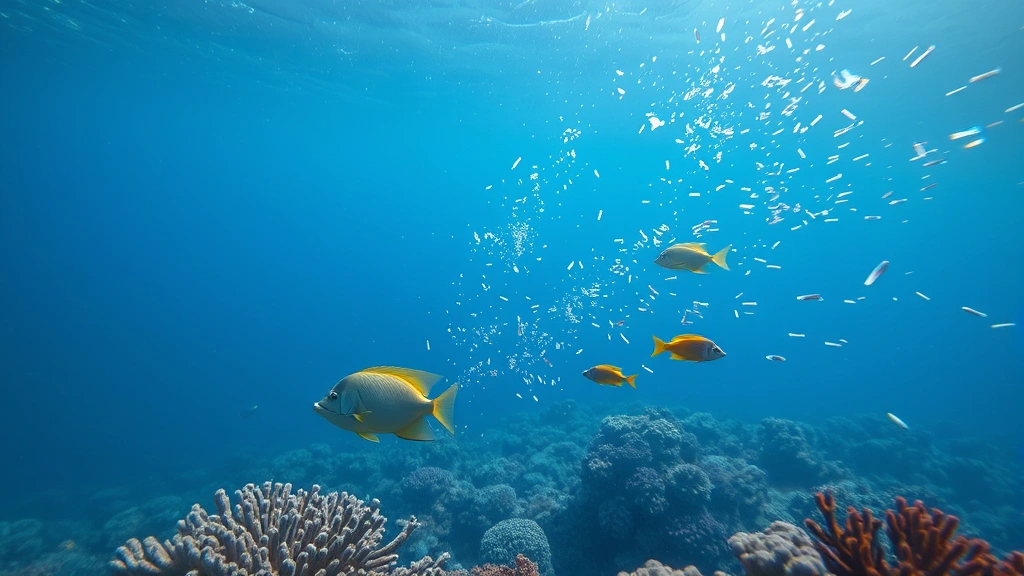 Underwater ocean scene with marine life including fish and coral reef, showing scattered plastic debris and microplastics in water column, reef ecosystem with visible human pollution, photorealistic marine photography