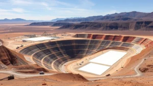 Open-pit lithium mining operation in arid Atacama Desert landscape with evaporation ponds, heavy machinery, and barren mountains under clear sky, showing industrial scale extraction impact
