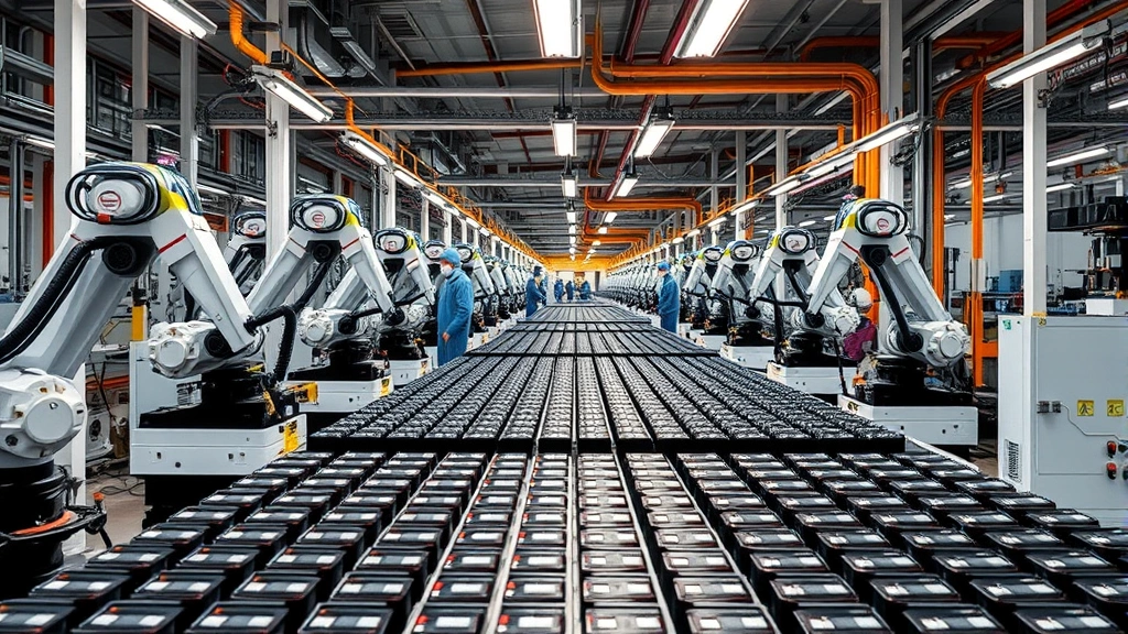 Battery manufacturing facility interior with robotic assembly lines, workers in protective gear, rows of battery cells under industrial lighting, showing intensive production process