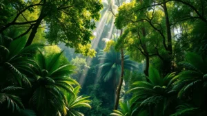 Lush tropical rainforest canopy with sunlight filtering through dense green foliage, showing biodiversity and natural carbon storage capacity, photorealistic aerial perspective, no text or labels