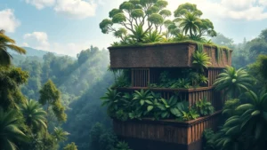 Vertical cross-section of a tropical rainforest showing distinct canopy, understory, and forest floor layers with diverse species at different heights, sunlight filtering through layers, photorealistic scientific illustration style