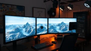 Photorealistic view of a 3D artist's workstation with high-end monitors displaying complex virtual landscape models, professional studio lighting illuminating creative workspace with rendering hardware visible in background, no text or interface elements visible