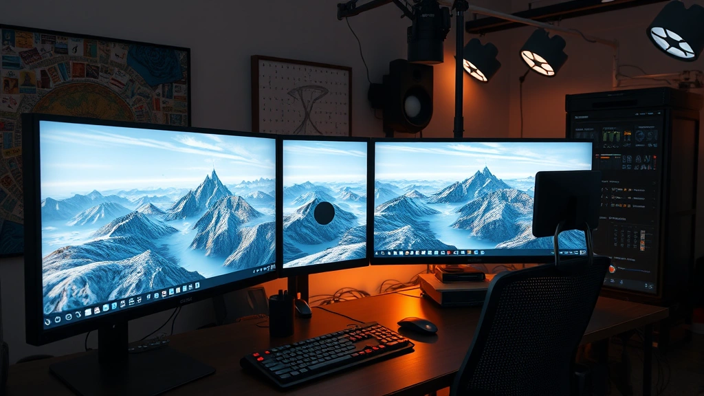 Photorealistic view of a 3D artist's workstation with high-end monitors displaying complex virtual landscape models, professional studio lighting illuminating creative workspace with rendering hardware visible in background, no text or interface elements visible