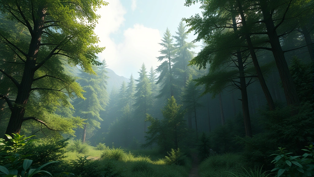 Lush photorealistic virtual forest environment with detailed vegetation, realistic lighting and atmospheric effects, showcasing the quality of 3D environment artistry without any technical interface or text overlays