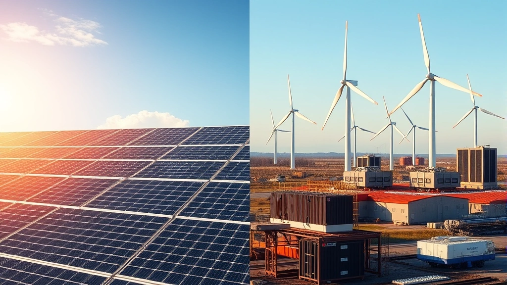 Split-screen photorealistic image showing sustainable digital infrastructure: left side depicts solar panels powering a modern data center facility, right side shows renewable wind turbines near computing infrastructure, emphasizing clean energy for digital production