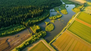 Aerial photograph of diverse ecosystems: forest canopy, wetlands, and agricultural fields transitioning together, showing ecosystem service provision zones with natural lighting