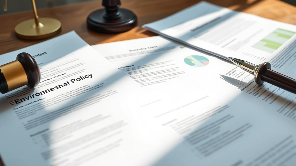 Close-up of legal documents and environmental policy papers spread on wooden desk with natural light, representing regulatory frameworks for environmental economics