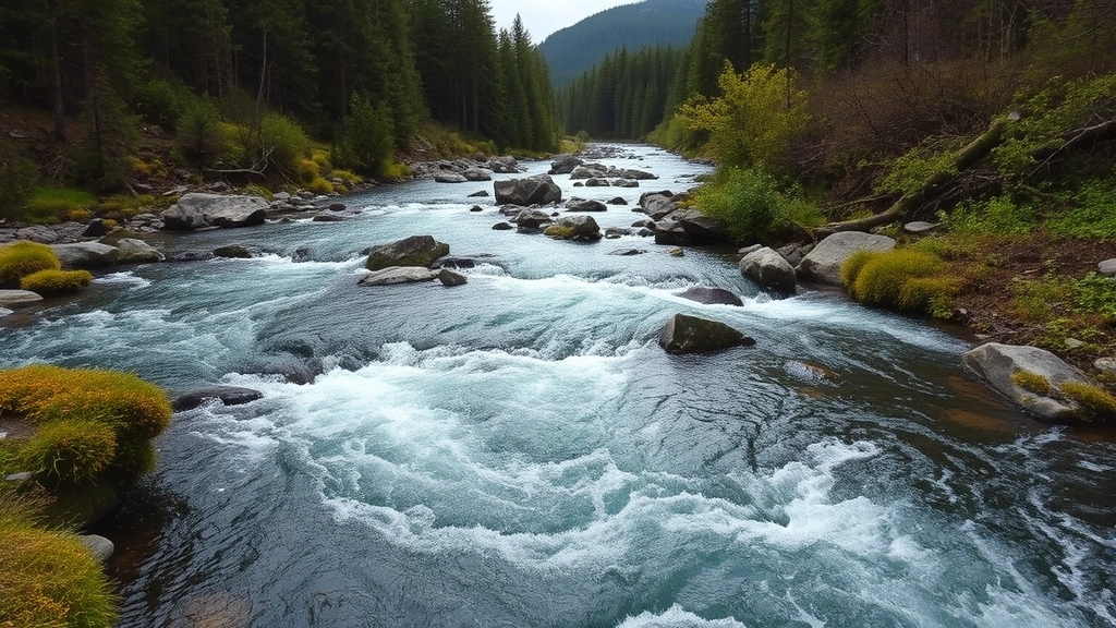 Landscape photograph showing water flowing through natural watershed with forest vegetation, demonstrating hydrological ecosystem services and natural capital value