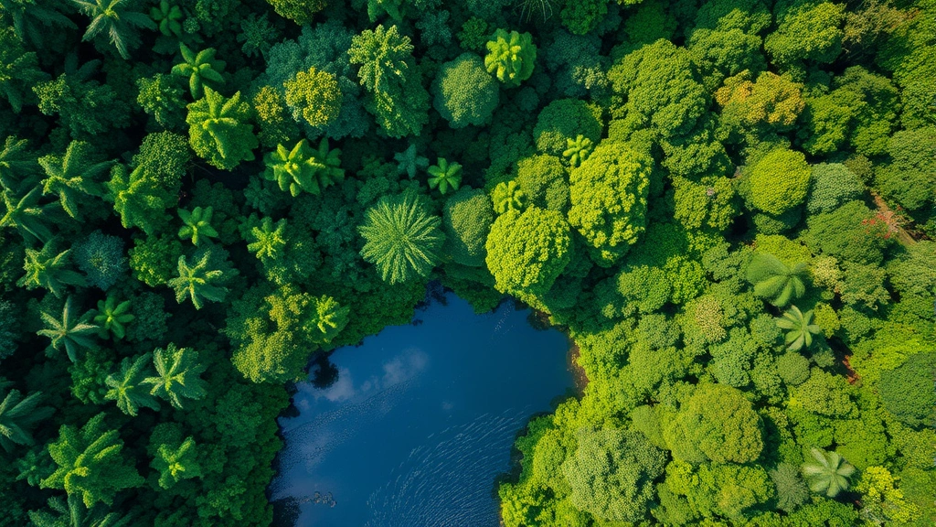 Aerial view of intact rainforest canopy meeting river system, showing diverse green vegetation and water reflections, natural ecosystem providing water purification and carbon storage services, photorealistic 4k quality