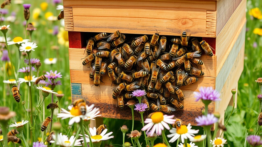 Beehive on flowering wildflower meadow with dozens of bees collecting pollen, demonstrating pollination ecosystem service critical for agriculture and food production, vibrant natural colors, photorealistic detail