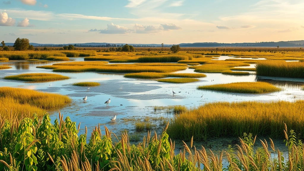 Panoramic landscape showing thriving wetland ecosystem with water, marsh vegetation, wading birds, and diverse plant life, representing water purification and biodiversity services, golden hour lighting, photorealistic