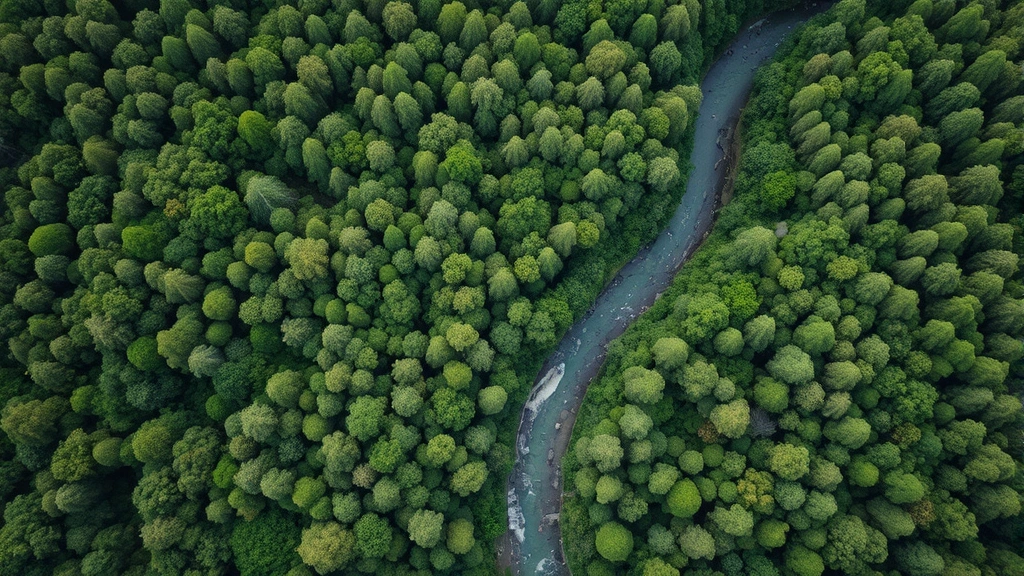 Aerial view of diverse forest canopy with river winding through lush green landscape, showcasing ecosystem complexity and natural productivity in pristine conditions