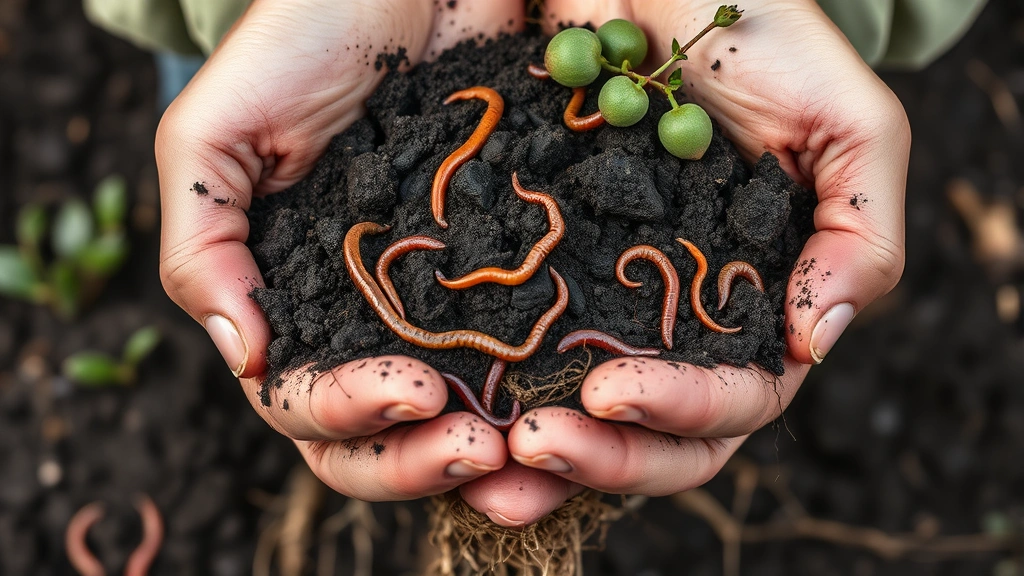 Farmer's hands holding rich dark soil with earthworms and root systems visible, representing regenerative agriculture and natural capital investment benefits