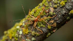 A walking stick insect perfectly camouflaged against a branch covered in lichen and moss, demonstrating natural adaptation that enables pest control ecological functions in forest ecosystems