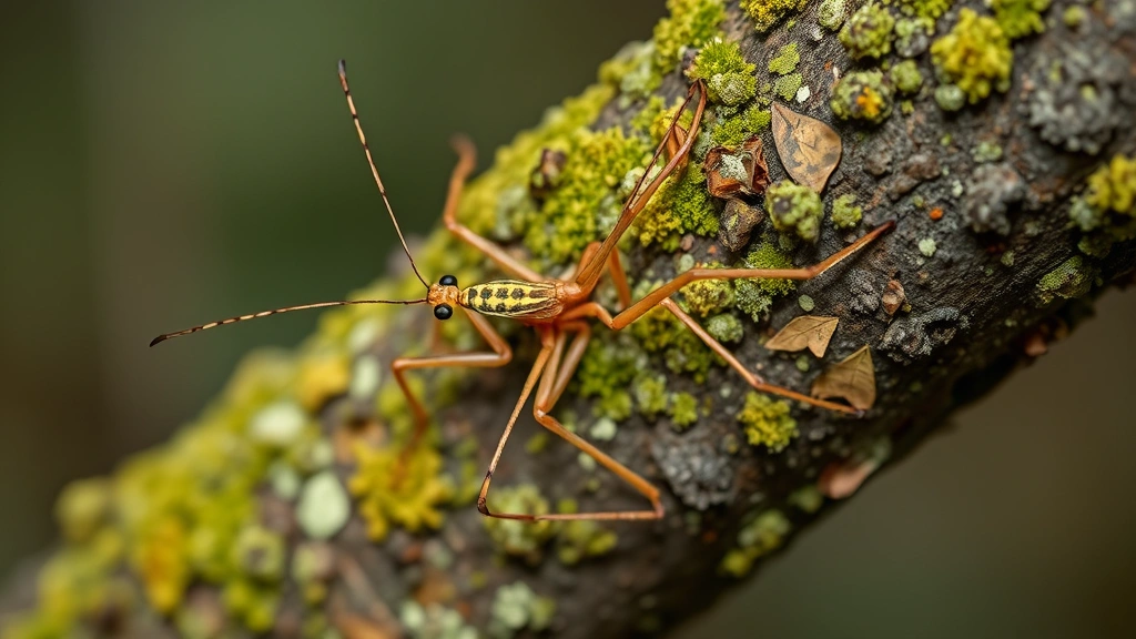 A walking stick insect perfectly camouflaged against a branch covered in lichen and moss, demonstrating natural adaptation that enables pest control ecological functions in forest ecosystems