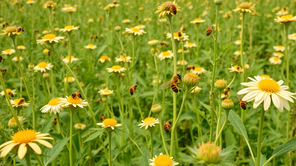 Dense agricultural field with visible pollinator bees collecting pollen from flowering crops, showing the direct economic relationship between insect populations and crop productivity