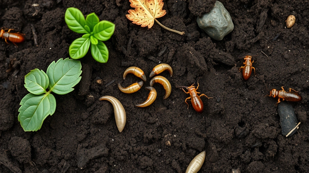 Healthy soil profile showing rich dark earth with visible decomposer insects and larvae working through organic matter, illustrating nutrient cycling processes that sustain agricultural productivity