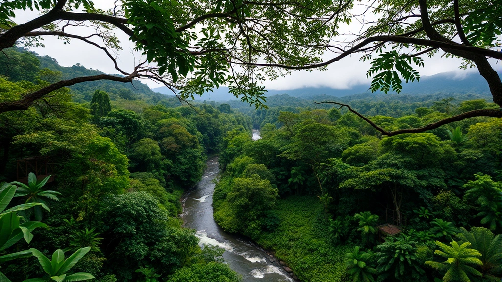 Aerial view of diverse tropical forest canopy with winding river, lush green vegetation, and mist-covered mountains in background, showing pristine ecosystem abundance and natural capital