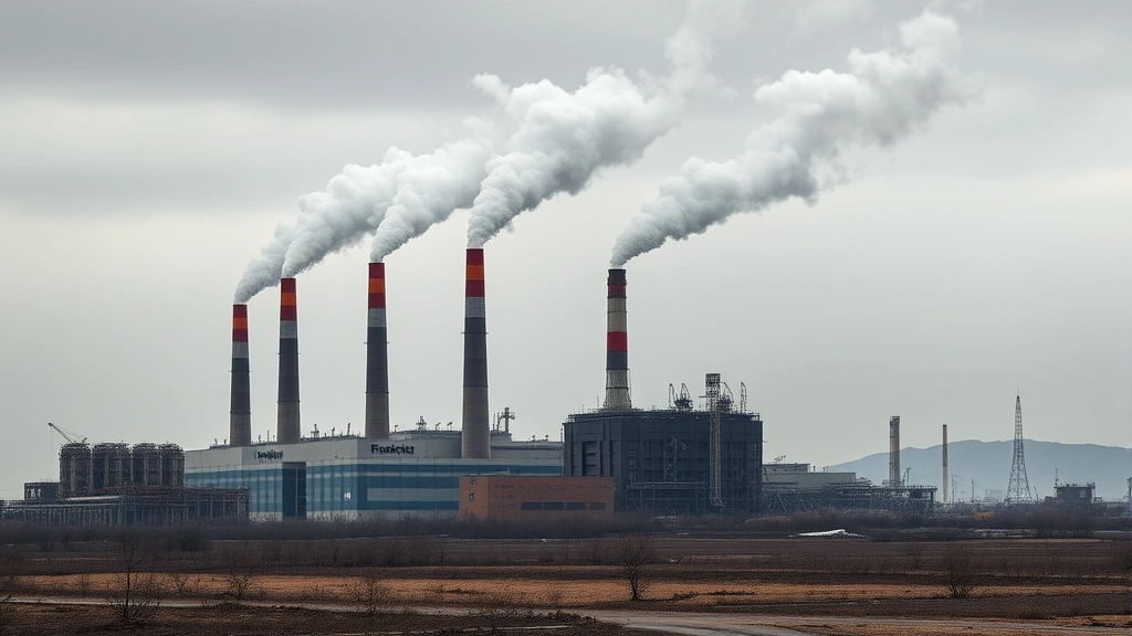 Industrial factory complex with multiple smokestacks emitting pollution against gray sky, surrounded by barren degraded landscape, demonstrating environmental damage and pollution costs to economy