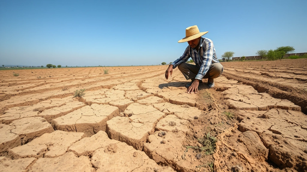 Farmer examining dry, cracked, eroded soil in agricultural field during drought, showing soil degradation impacts on farming productivity and food security