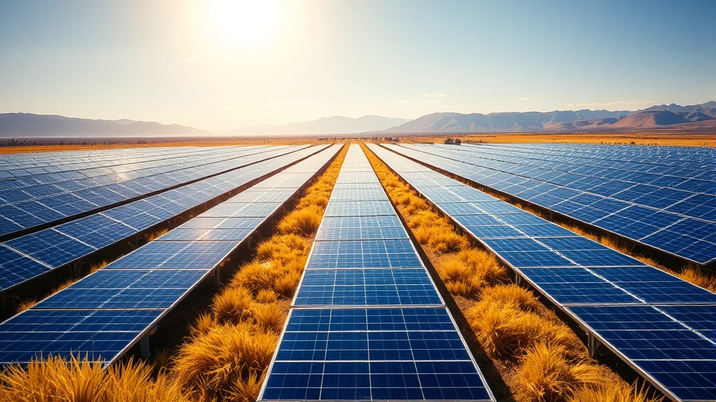 Photorealistic image of a large-scale solar farm with rows of blue solar panels stretching across a landscape under bright sunlight, mountains visible in the distance, golden grass in foreground, completely photorealistic no text or graphics