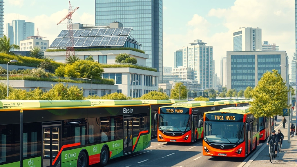 Photorealistic image of an urban green infrastructure scene showing electric buses, green rooftops with vegetation, solar panels on building, pedestrians and cyclists, modern sustainable city environment, no text or graphics