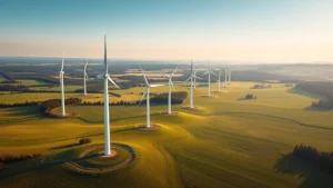 Photorealistic aerial view of renewable energy wind farm integrated into natural landscape with green fields and distant forests, morning light, no text or labels