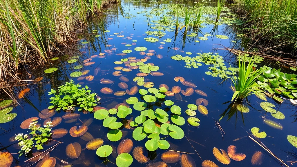 Restored wetland ecosystem with native vegetation growth showing successful intrusion prevention through integrated water quality monitoring sensors and biodiversity recovery in natural habitat