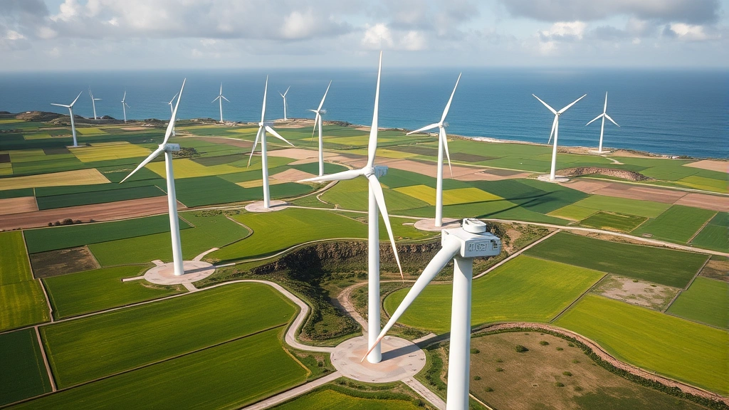 Photorealistic aerial view of wind turbines rotating in a coastal landscape with vibrant green fields and ocean horizon, representing renewable energy transition and agile economic adaptation to environmental change