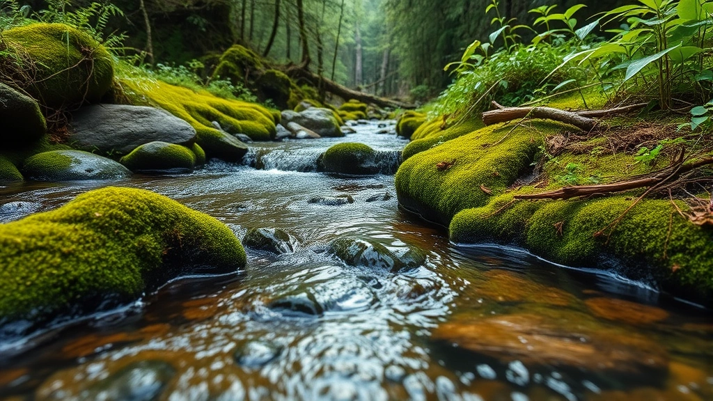 Photorealistic close-up of a forest stream with clear water, moss-covered rocks, and native vegetation thriving, representing healthy ecosystem outcomes achieved through iterative adaptive management and ecological restoration