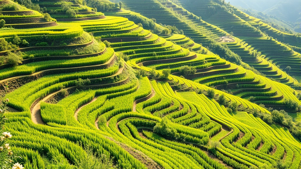 Terraced regenerative farmland with diverse cover crops and flowering plants, lush green hillside agriculture with natural vegetation patches interspersed, morning sunlight illuminating healthy soil and crops without visible machinery or chemicals, photorealistic natural farming landscape