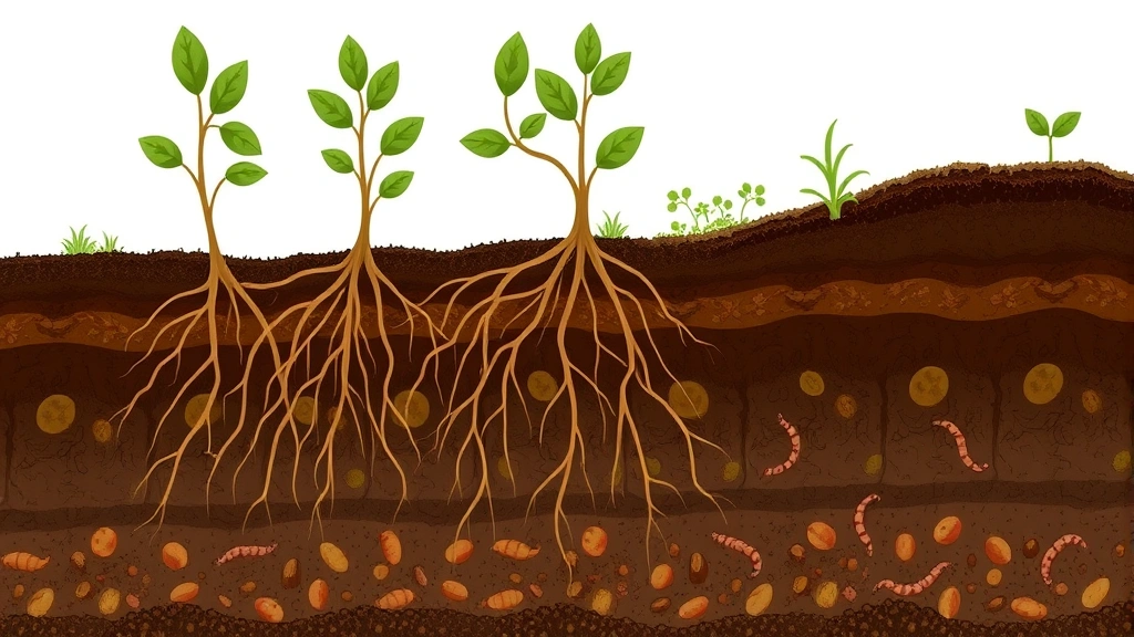 Underground soil cross-section showing rich dark organic matter, visible root systems, earthworms and soil microorganisms, healthy soil structure with water retention, natural earth tones and biological activity visualization, scientific agricultural illustration style