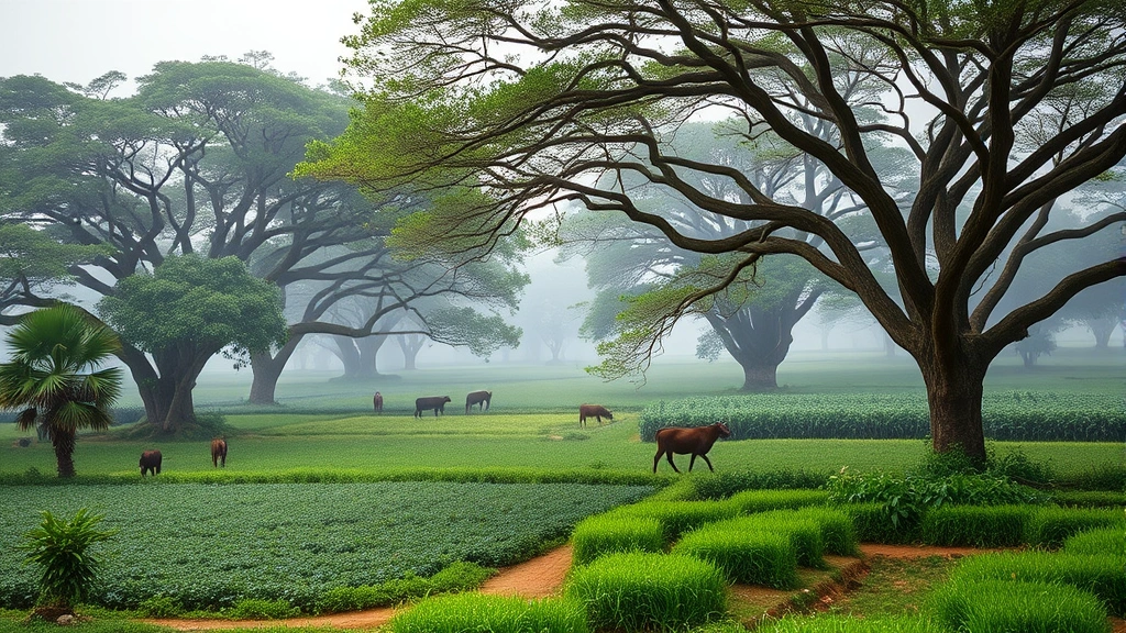 Expansive agroforestry system with mature trees providing canopy coverage over understory crops and grazing livestock, diverse vegetation layers demonstrating ecosystem complexity, birds and pollinators visible in natural habitat, morning mist over integrated farming landscape