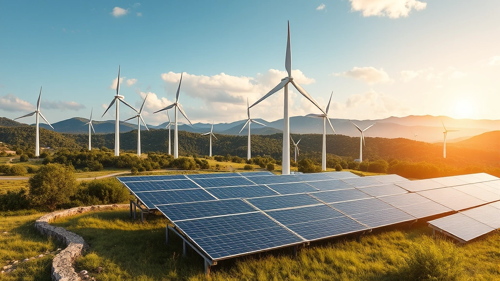 Photorealistic photograph of wind turbines and solar panels in natural landscape providing renewable energy to technology infrastructure, clean technology integration, no charts or text