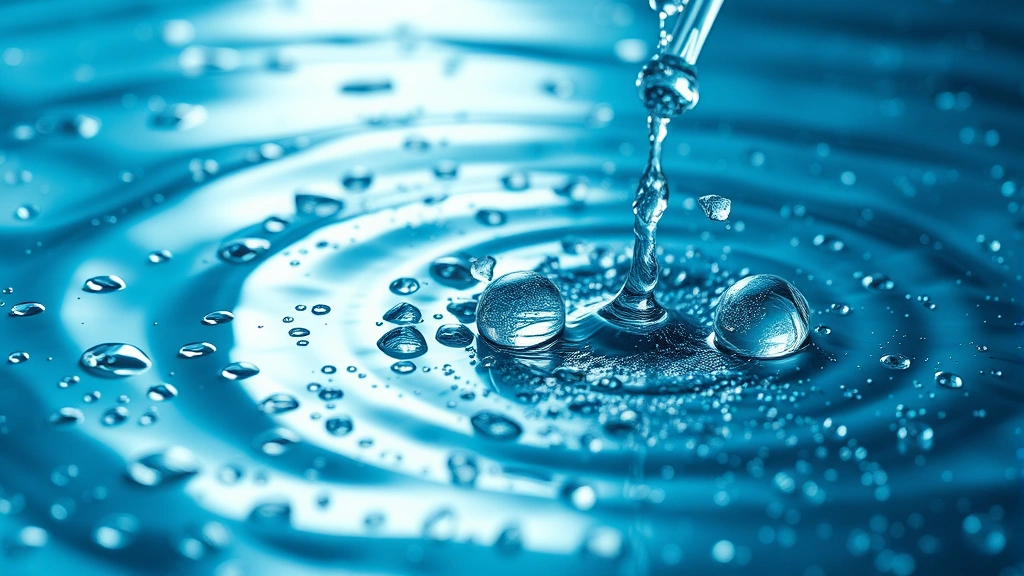 Photorealistic image of water droplets or flowing water with technology/digital elements subtly integrated, representing water consumption in AI infrastructure without visible text or data visualization