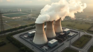 Vast data center facility with cooling towers releasing steam into landscape, surrounded by power transmission lines and industrial infrastructure, photorealistic aerial view