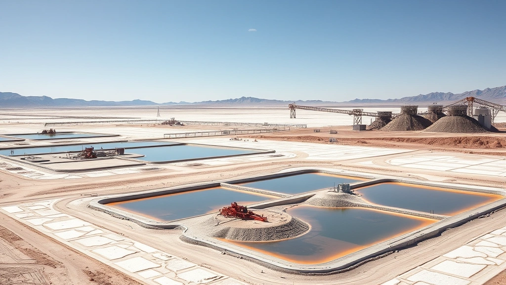 Lithium mining operation in salt flats showing environmental degradation, evaporation ponds, and barren landscape with equipment, photorealistic daylight perspective