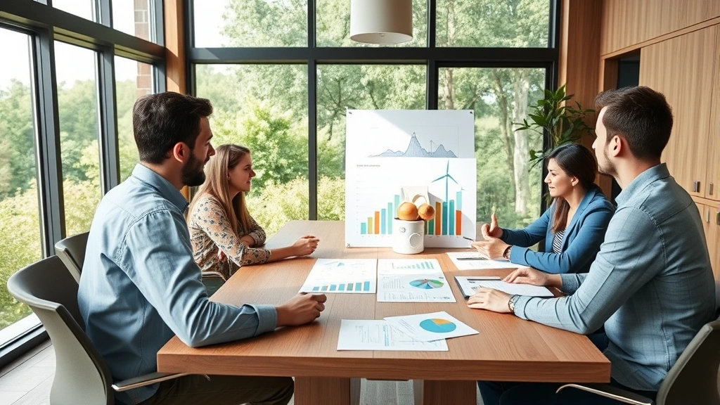 Sustainable business meeting with entrepreneurs reviewing environmental impact metrics and renewable energy charts on wooden conference table, natural lighting from large windows overlooking green landscape
