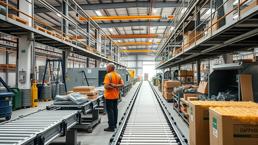 Circular economy manufacturing facility showing material recycling conveyor systems, workers examining sustainable products, clean industrial space with natural materials and efficient processes