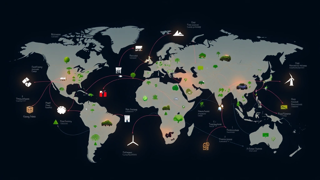 Global supply chain visualization showing interconnected sustainable businesses, renewable energy installations, and ecological restoration projects integrated throughout economic network