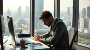 Photorealistic image of a modern urban office worker at desk during spring pollen season, looking uncomfortable with tissues nearby, large windows showing cityscape with visible air pollution haze, natural daylight, no text or charts
