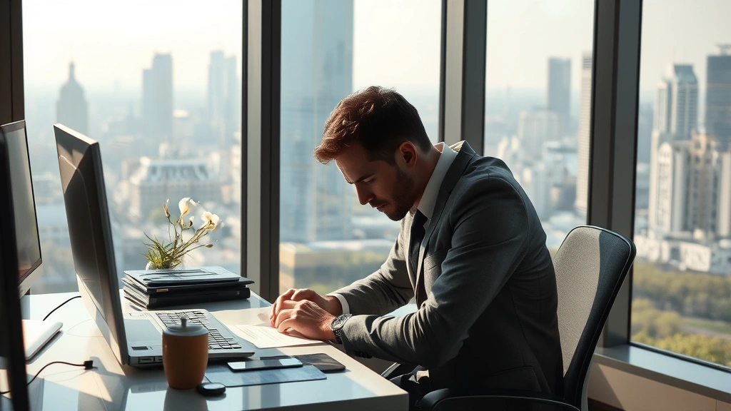 Photorealistic image of a modern urban office worker at desk during spring pollen season, looking uncomfortable with tissues nearby, large windows showing cityscape with visible air pollution haze, natural daylight, no text or charts