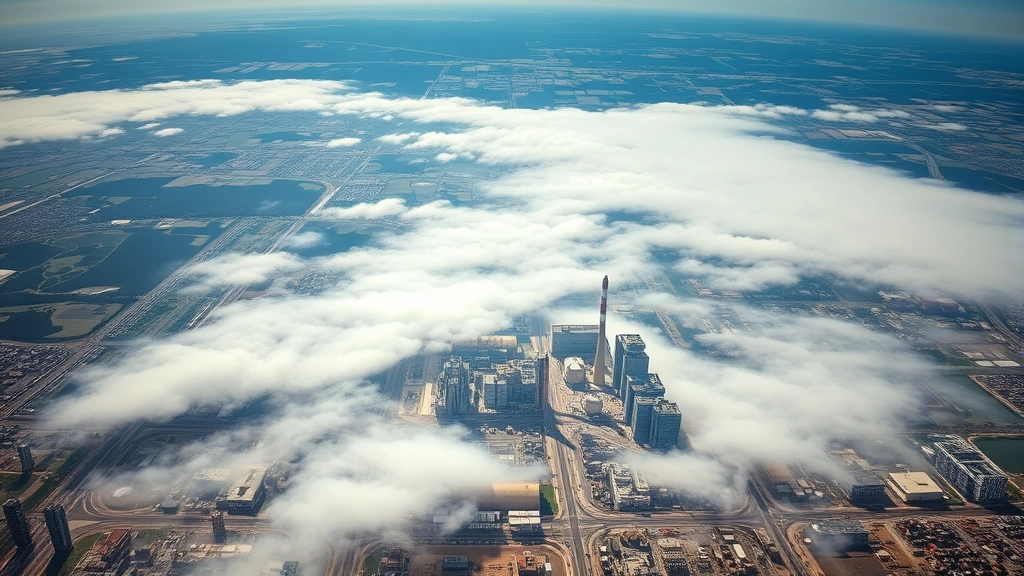Photorealistic aerial view of industrial city district with visible smog and pollution layer over landscape, contrast with distant cleaner rural areas on horizon, showing environmental degradation and air quality differences, no maps or text