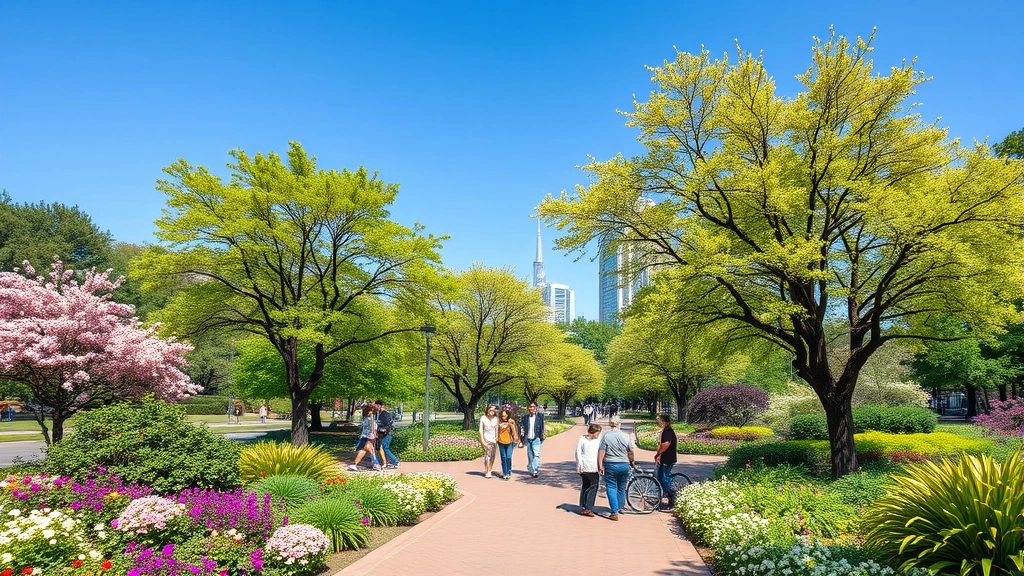 Photorealistic image of urban park with diverse native trees and flowers in bloom, families and workers enjoying space, clear blue sky, showing environmental restoration and green infrastructure benefits, vibrant natural colors, no text elements