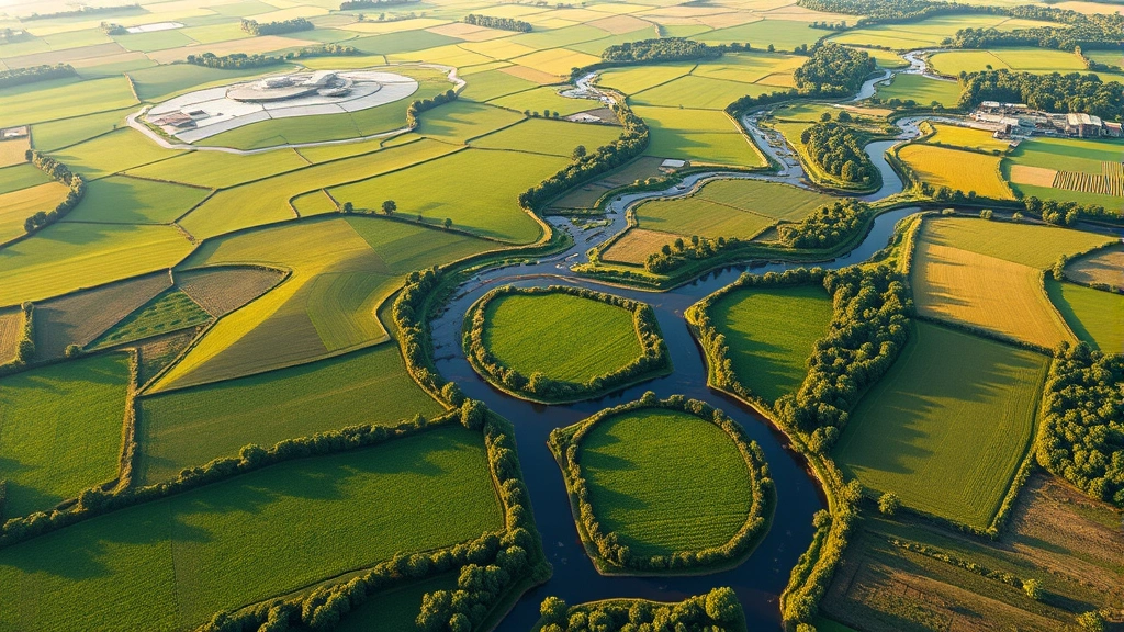 Photorealistic aerial view of sustainable agricultural landscape with patchwork green fields, natural water features, and integrated forest corridors in morning light, showing healthy ecosystem integration with productive land use