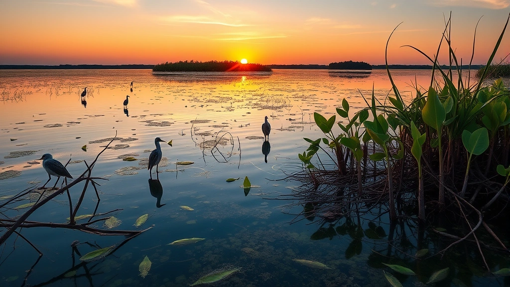 Photorealistic photograph of healthy coastal wetland ecosystem at sunset with mangrove roots, wading birds, fish visible in clear water, representing intact ecosystem services and natural capital value
