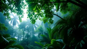 Lush tropical rainforest canopy with dense green vegetation, misty atmosphere, sunlight filtering through layers of leaves, showcasing biodiversity and carbon storage capacity
