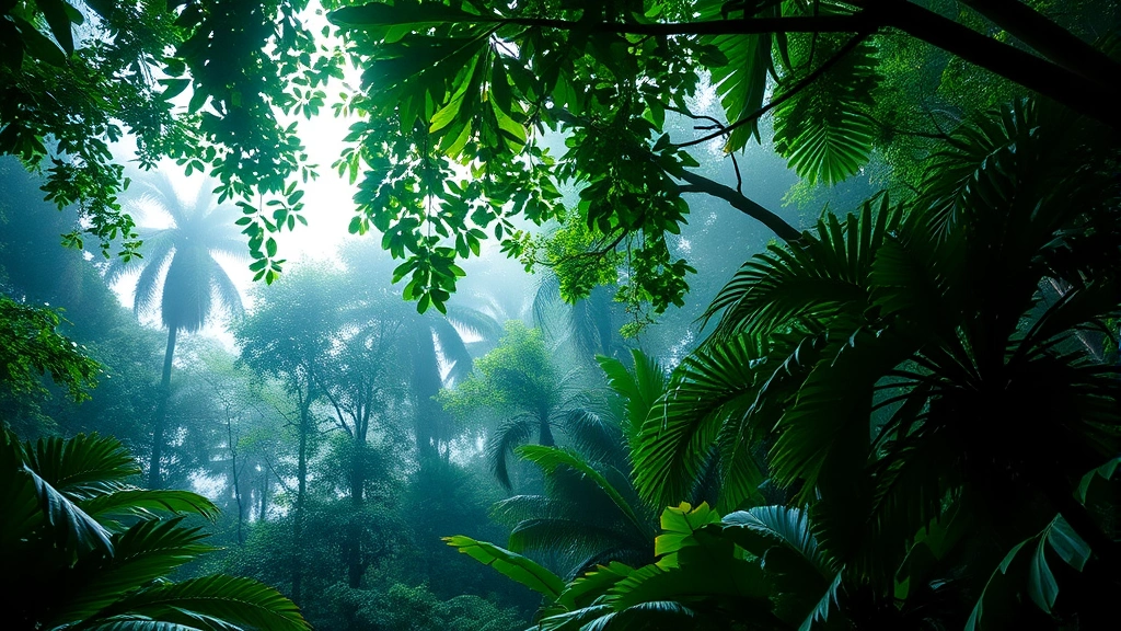 Lush tropical rainforest canopy with dense green vegetation, misty atmosphere, sunlight filtering through layers of leaves, showcasing biodiversity and carbon storage capacity